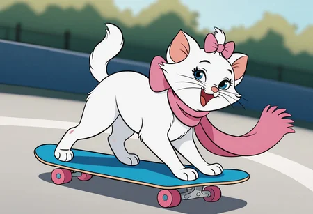 score_9, score_8_up, score_7_up BREAK KittyMarie, 1girl, cat, white fur, blue eyes, pink nose, whiskers, tail, pink hair bow, pink ribbon scarf, full body, solo focus, alone, happy, skateboarding, skateboard, skatepark background, skatepark outdoors, cartoon, source_cartoon,