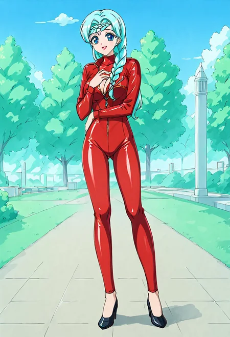 View from below, excellent quality, very detailed picture, alone, Berthier, 1 girl, pale skin, looking at viewer, feminine, beautiful, cute body, big breasts, shapely legs, makeup, blue eyes, detailed pupils, blue eyelids, red lips, rosy cheeks, very light makeup, aquamarine hair, braid, braided bangs on the right AND left, long hair, (outfit 04, jumpsuit, latex jumpsuit, red jumpsuit, turtleneck, long sleeves, black shoes), standing, hand on own chest, outdoors, park