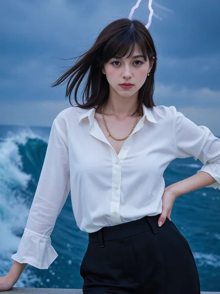 There are wonderful studio lights and various reflections,
18yo beautiful cute girl with blushing and female orgasm.skin naturally showing the texture of blood vessels and detailed pale skin,
--,
<lora:Nakajo_Ayami_f1:1>,she is Nakajo Ayami,
(Classic_white_blouse:1.6),(Tailored_black_trousers:1.5),(Gold_chain_necklace:1.4), outdoors,sea,huge wave,lighting,raining,water drop,hurricane,vortex,, #巨浪海