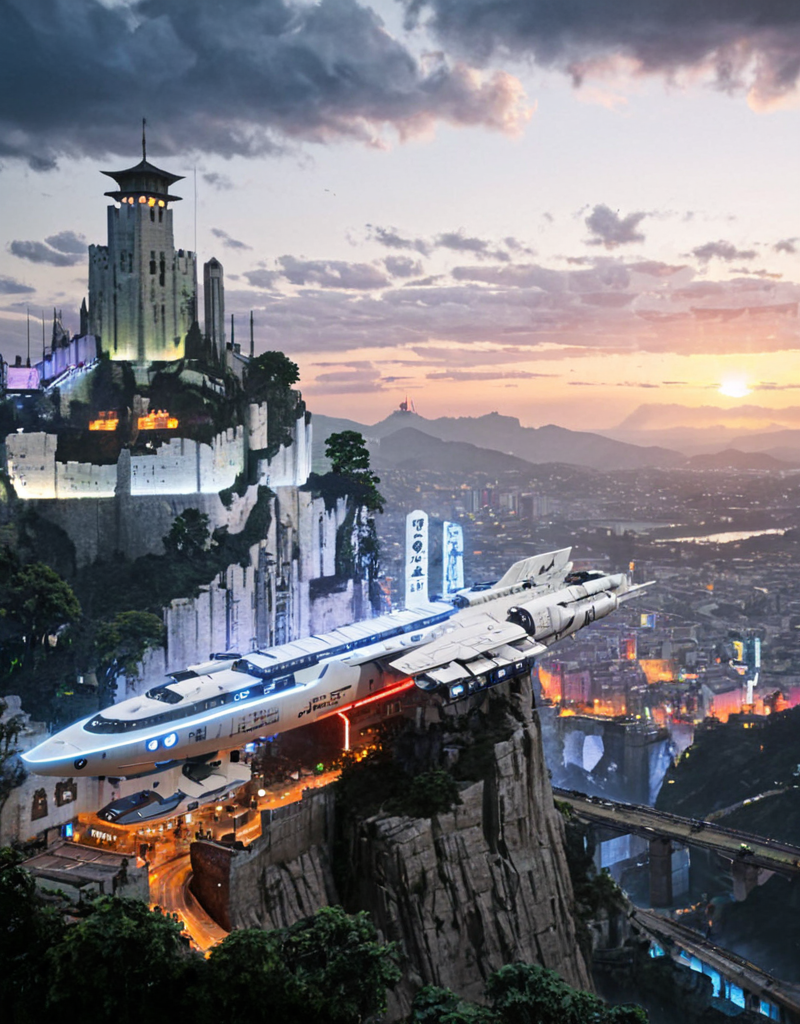 <lora:YCO_xl_F1c:1> yco_xl, fortified castle, fortified town, outside, vegetation, wet, blue sky, tree, on top of a rocky mountain, <lora:City_Worldsv2:0.4> realistic photo of citybkg, cyberpunk, ambiance, sunset, clouds, airship, very detailed, design buildings, mega structures, futuristic, side view, high buildings, illuminated, city lights, airship, billboards on buildings, street, signs, shops, illuminated, kanji, fortified bridge, neons, white  colored castle wall bricks,