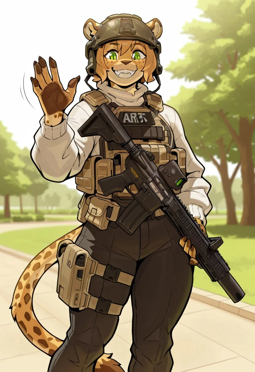 score_9, score_8_up, score_7_up, score_6_up, score_5_up, score_4_up, male, 2d, flat_colors, upper_body, portrait, female, furry, feline, cheetah, rounded ears, green eyes, female, solo, standing, white sweater, black trousers, tucked in top, brown fur, two-toned fur, grin, happy, park, trees, fangs, wave, waving gesture, solo, detailed_fur, body_fur, CeehazStyle style, masterpiece, best quality, amazing quality, very aesthetic, high resolution, ultra-detailed, absurdres, newest, scenery, depth of field, scenery, volumetric lighting, detailed face, detailed body, detailed background, perfect hands, perfect anatomy, masterpiece, high quality, best quality, BREAK, depth of field, detailed fur, photorealistic details, volumetric lighting, ((tactical helmet, modular helmet, modern tactical helmet)), ((kneepads)) ((tactical gear:1.5)) ((tactical:1.5)) (khaki tactical armor:1) ((plate carrier vest)) (((tactical vest))), (((tactical utility belt))), holding gun, holding ranged gun, holding weapon, holding assault rifle, ((AR15_Assault_rifle:1.5)), \(mod3\)