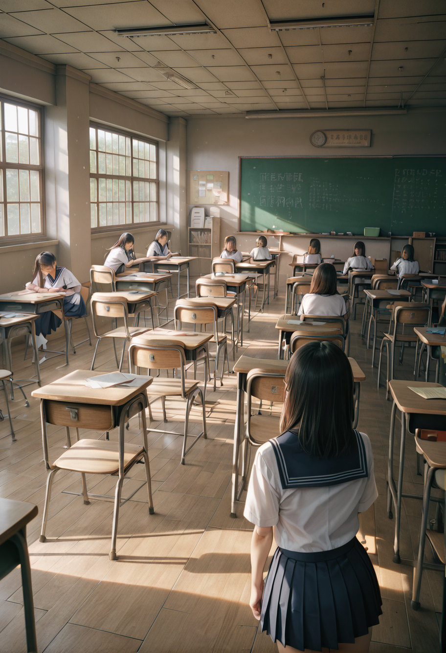 ,ruanyi1125,school,classroom,
sailor,pleated skirt,6+girls,white shirt,red bow,<lora:1125 Old Classroom_v1_pony:0.9>, score_9,score_8_up,score_7_up,,8k,1girl,solo,,