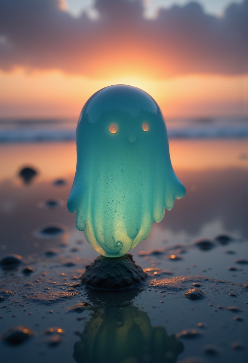 Create a moody, atmospheric scene featuring a translucent stone resembling a small ghost, placed on a sandy beach at sunset. The setting sun casts warm hues of orange, pink, and purple across the sky, reflecting gently on the water's surface. The stone has an ethereal quality, showcasing intricate details that highlight its translucence. Its surface glimmers with soft shades of blue and green, and it appears to have faint, glowing eyes that radiate a gentle light. The focus should be on the stone’s delicate features and vibrant colors, contrasting beautifully with the serene beach environment.