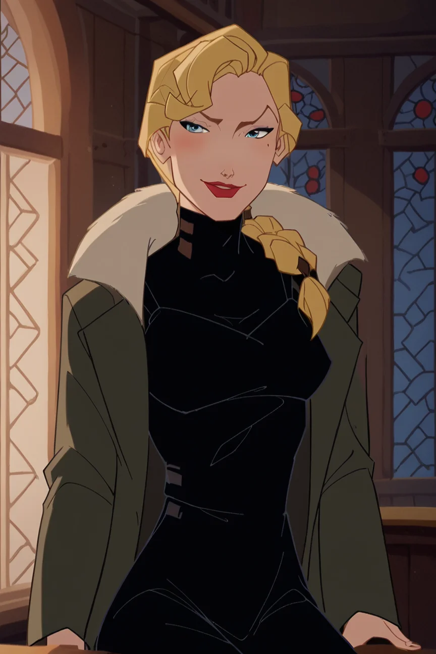 score_9, score_8_up, score_7_up, <lora:ATlantis:0.9>,helga sinclair, blonde hair, blue eyes, mole, mole under eye, long hair, red lips, lipstick, braid, makeup, medium breasts,black dress, fur coat, closed mouth, smile, sitting, in chair, indoors, portrait, solo, best quality, high quality,2d, cartoon