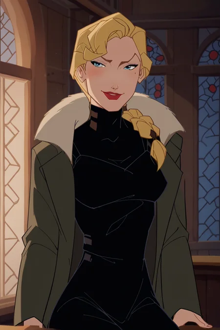 score_9, score_8_up, score_7_up, <lora:ATlantis:0.9>,helga sinclair, blonde hair, blue eyes, mole, mole under eye, long hair, red lips, lipstick, braid, makeup, medium breasts,black dress, fur coat, closed mouth, smile, sitting, in chair, indoors, portrait, solo, best quality, high quality,2d, cartoon