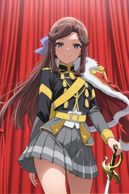 masterpiece, best quality, amazing quality,
<lora:Maya_IL:1> maya, 1girl, weapon, sword, skirt, long hair, solo, brown hair, jacket, grey skirt, smile, yellow belt, fur trim, hair bow, pleated skirt, bow, stage outfit, red curtains