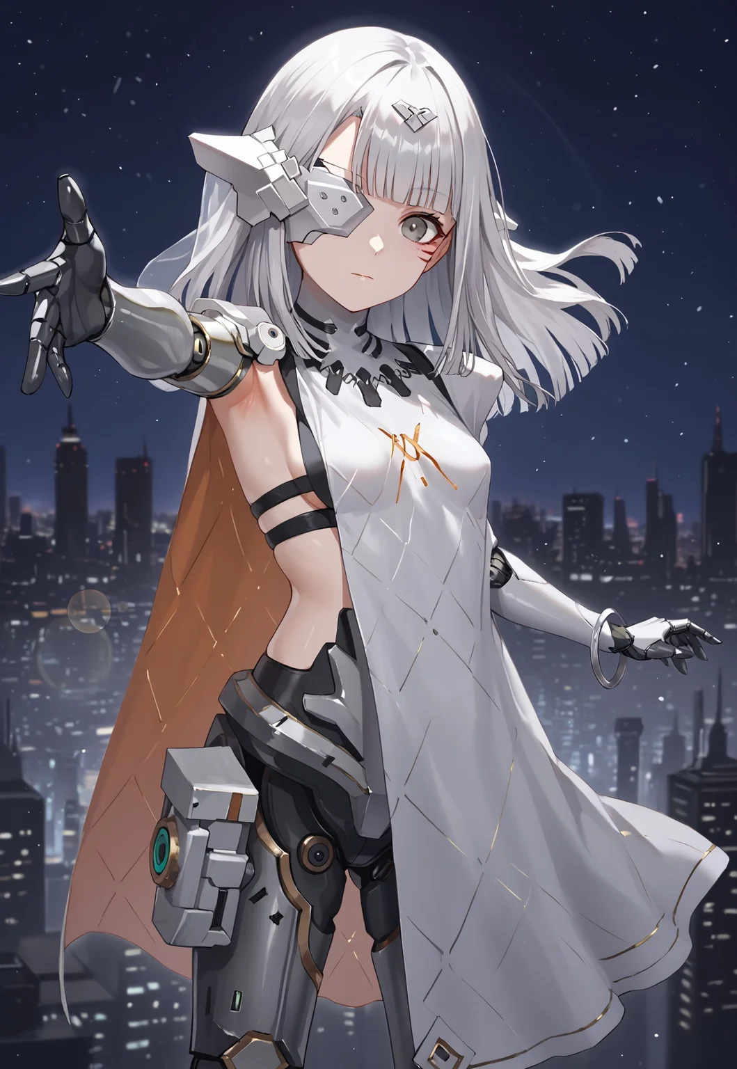 NytoAlina, mechanical arms, white hair, long hair, eyepatch, facial mark, blunt bangs, grey eyes, mechanical legs, headgear, white scapular, shoulder armor, small breasts, robot joints, sideboob, sideless outfit, hair ornament,
looking at viewer, closed mouth, outstretched arm, armpit, reaching toward viewer,
city, cityscape, dark, night, night sky, cyberpunk,
1girl, solo, solo focus, highres, absurdres, light particles, shade, lens flare, shiny skin, fine fabric emphasis,