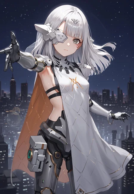 NytoAlina, mechanical arms, white hair, long hair, eyepatch, facial mark, blunt bangs, grey eyes, mechanical legs, headgear, white scapular, shoulder armor, small breasts, robot joints, sideboob, sideless outfit, hair ornament,

looking at viewer, closed mouth, outstretched arm, armpit, reaching toward viewer, 

city, cityscape, dark, night, night sky, cyberpunk,

1girl, solo, solo focus, highres, absurdres, light particles, shade, lens flare, shiny skin, fine fabric emphasis,