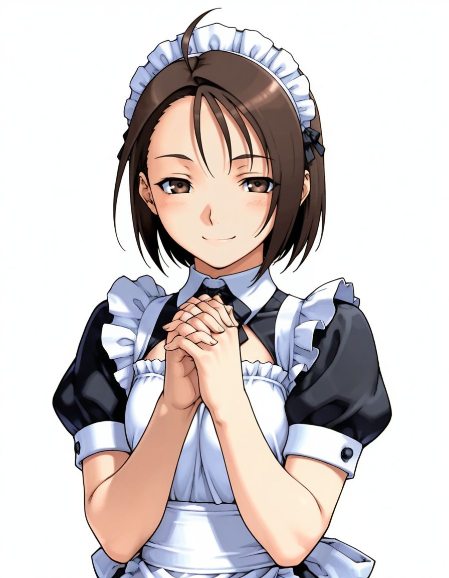 masterpiece, best quality, <lora:Akira_Kazama_Rival_Schools_-_IL:1>, kazama akira, 1girl, blush, smile, short hair, brown hair, 1girl, ahoge, maid,maid headdress, own hands together, interlocked fingers, own hands clasped, upper body, (solo:1.2),