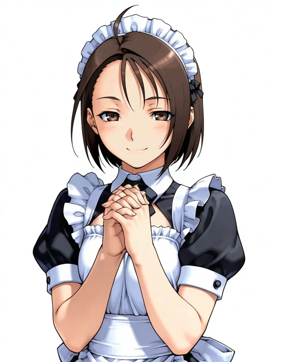 masterpiece, best quality, <lora:Akira_Kazama_Rival_Schools_-_IL:1>, kazama akira, 1girl, blush, smile, short hair, brown hair, 1girl, ahoge, maid,maid headdress, own hands together, interlocked fingers, own hands clasped, upper body, (solo:1.2),