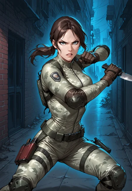 masterpiece, best quality, detailed, realistic, serious, parted lips, 1girl, solo, rewillow, brown hair, ponytail, camouflage bodysuit, belt, thigh holsters, gloves, elbow pads, knee pads, holding knife, fighting stance, alleyway, at night, 