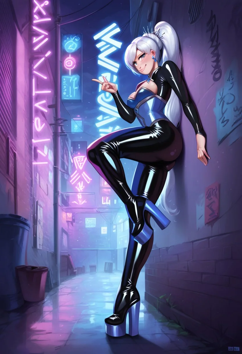 score_9,score_8_up,score_7_up,score_6_up, 2d,
jlullaby, (1 girl:1.5), shiny skin,
weiss schnee, medium breasts,
latex catsuit, cleavage, corset, smile,
double platform boots, thigh boots,
ruanyi0724,alley,power lines,neon lights,
leaning against wall, one foot against wall, looking at viewer,
side view, low view, focus on girl,