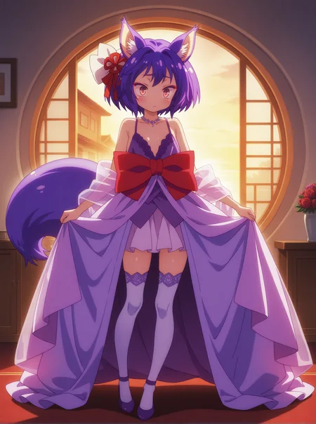 best quality,amazing quality,<lora:izuna:1>,izuna,fox tail,purple hair,full body,thighhighs,evening_gown,