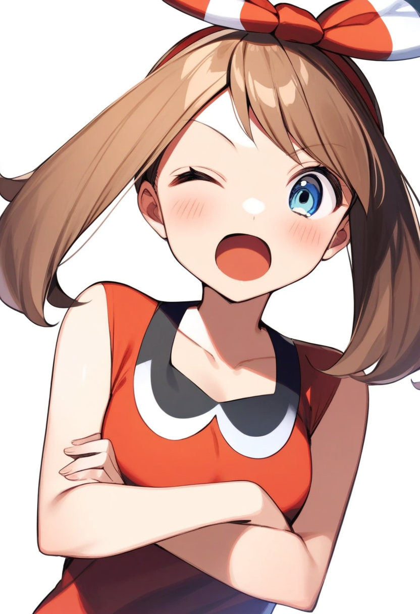 masterpiece,best quality,very aesthetic,absurdres,<lora:may_(pokemon):1>,highres, bad_id, bow_hairband, collarbone, standing, one_eye_closed, absurdres, blush, simple_background, 1girl, solo, bad_pixiv_id, red_ribbon, upper_body, red_hairband, sleeveless_shirt, red_shirt, white_background, striped_ribbon, hair_ribbon, commentary_request, looking_at_viewer, crossed_arms, may_\(pokemon\), open_mouth