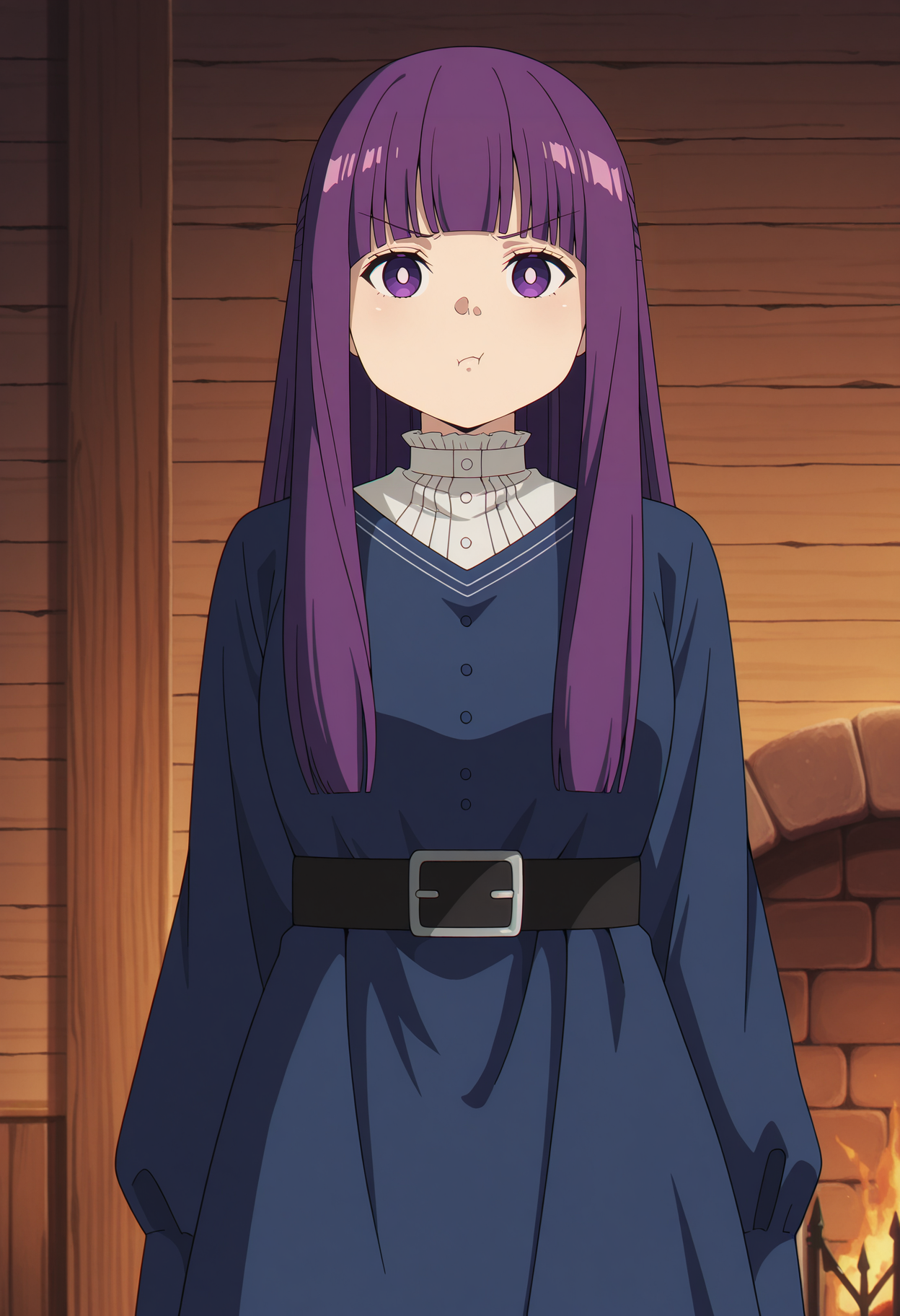 anime screencap, masterpiece, best quality,
<lora:SousouNoFrieren_Fern_IlluXL:0.9>,
1girl, solo, pout,
purple hair, long hair, purple eyes, bright pupils, blunt bangs,
FernWinter, blue dress, black belt,
standing, looking at the viewer, cowboy shot,
indoors, wooden wall, fireplace