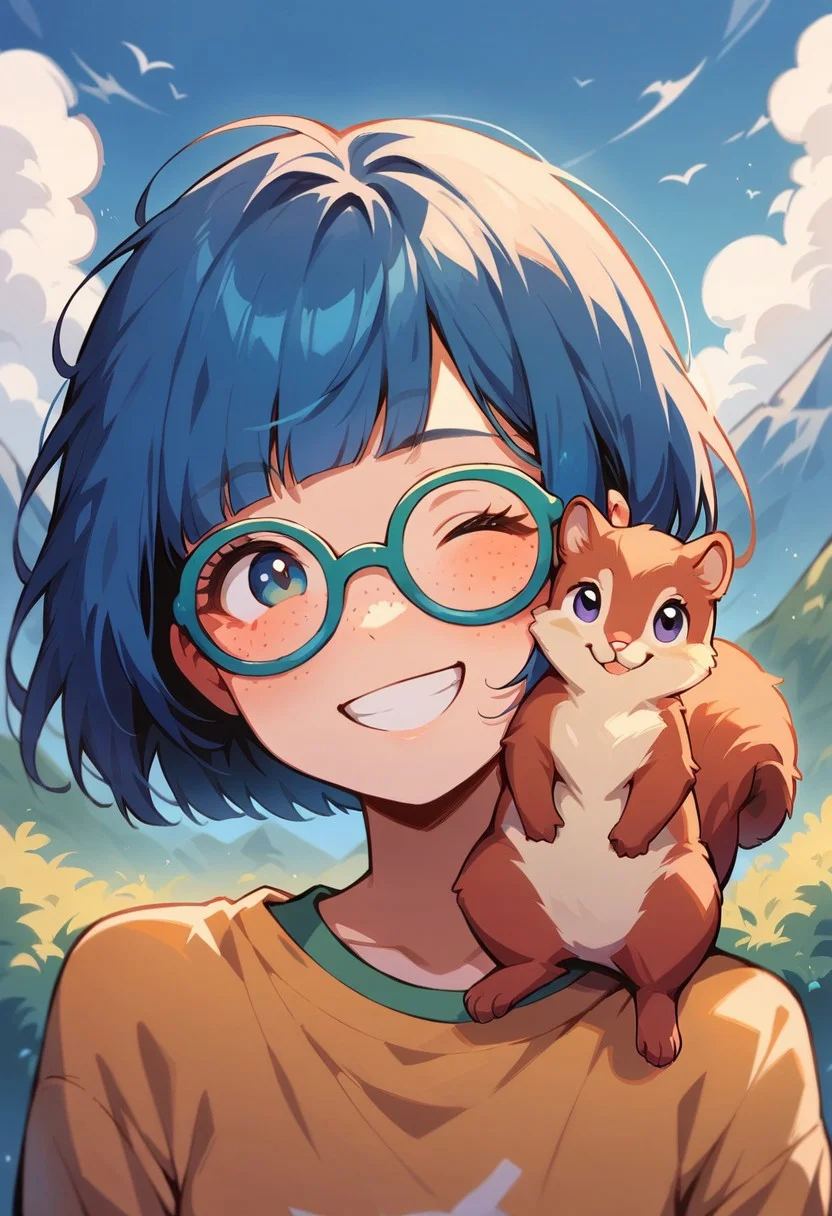 score_9, score_8_up, score_7_up, score_6_up, <lora:p3tl0v3XLP:1> p3tl0v3, 1girl, 22yo, blue hair, bob cut, thick glasses, freckles, cute smile, squirrel on shoulder, kawaii, cute, winking, v, outdoors, mountain stream in background