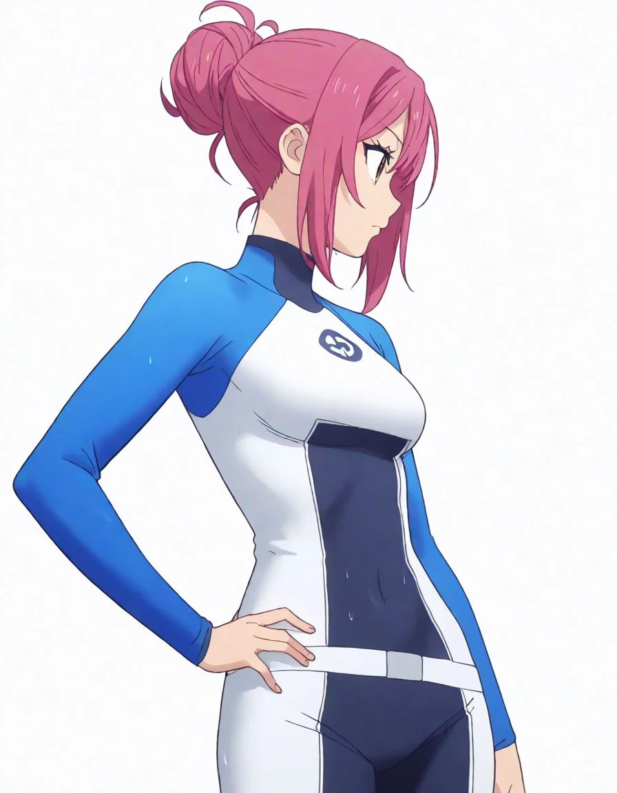 1girl
, wetsuit, long sleeves
, (profile:0.8), arm behind head, hand on own hip
, white background
, scrore_9, score_8_up, score_7_up, (screencap:0.7)
<lora:uw3:1>