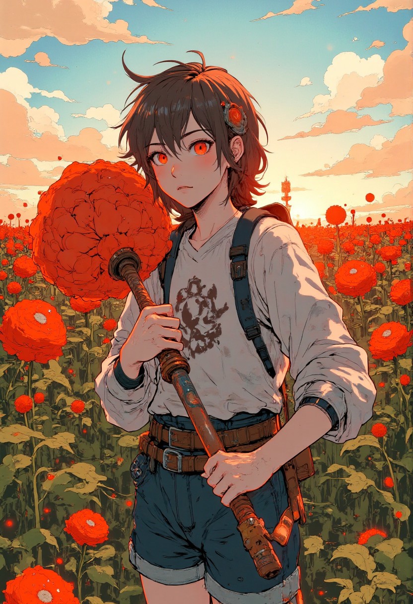 A girl holding a huge flower, micro art, girl standing in the autumn field basking in the sun, autumn sun shining brightly, simple background, simple lines, a lot of white space, tilted picture, upward view, strong visual impact