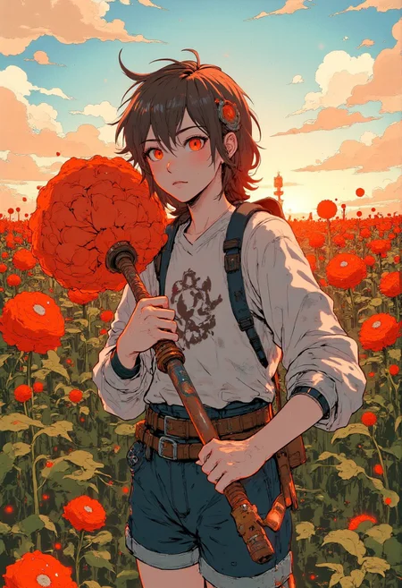 A girl holding a huge flower, micro art, girl standing in the autumn field basking in the sun, autumn sun shining brightly, simple background, simple lines, a lot of white space, tilted picture, upward view, strong visual impact