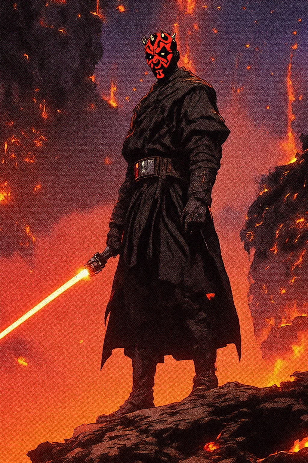 wide shot of darth maul with his emissive red double lighsaber in his hand while he is standing on the surface of a rocky volcanic planet scattered with volcanoes lit by the rivers of flowing molten lava, fog, night, dust, retro futuristic anime-inspired artstyle, futuristic, digital illustration, vivid, high contrast, cyberpunk, comic. egmid