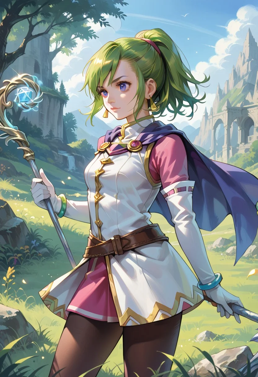 score_8, score_8_up, score_7_up, 1girl, solo, female focus, solo, Karis_GS, green hair, ponytail, bangs, asymmetrical hair, sidelocks, purple eyes, triangle earrings,capelet, blue capelet, small breasts, mandarin collar, coat, white coat, ribbon trim, gold trim, undershirt, pink shirt, pink sleeves, crossed belts, miniskirt, pink skirt, white gloves, elbow gloves, bracelet, black pantyhose, cowboy shot, staff, holding staff, magic, outdoors, grass, plains, arms forward, wind