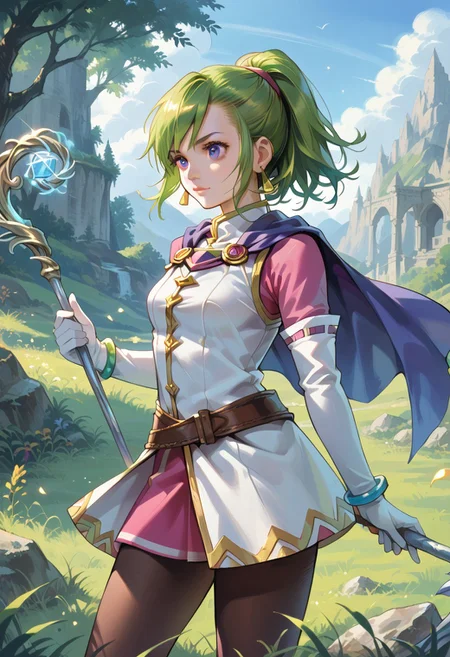 score_8, score_8_up, score_7_up, 1girl, solo, female focus, solo, Karis_GS, green hair, ponytail, bangs, asymmetrical hair, sidelocks, purple eyes, triangle earrings,capelet, blue capelet, small breasts, mandarin collar, coat, white coat, ribbon trim, gold trim, undershirt, pink shirt, pink sleeves, crossed belts, miniskirt, pink skirt, white gloves, elbow gloves, bracelet, black pantyhose, cowboy shot, staff, holding staff, magic, outdoors, grass, plains, arms forward, wind
