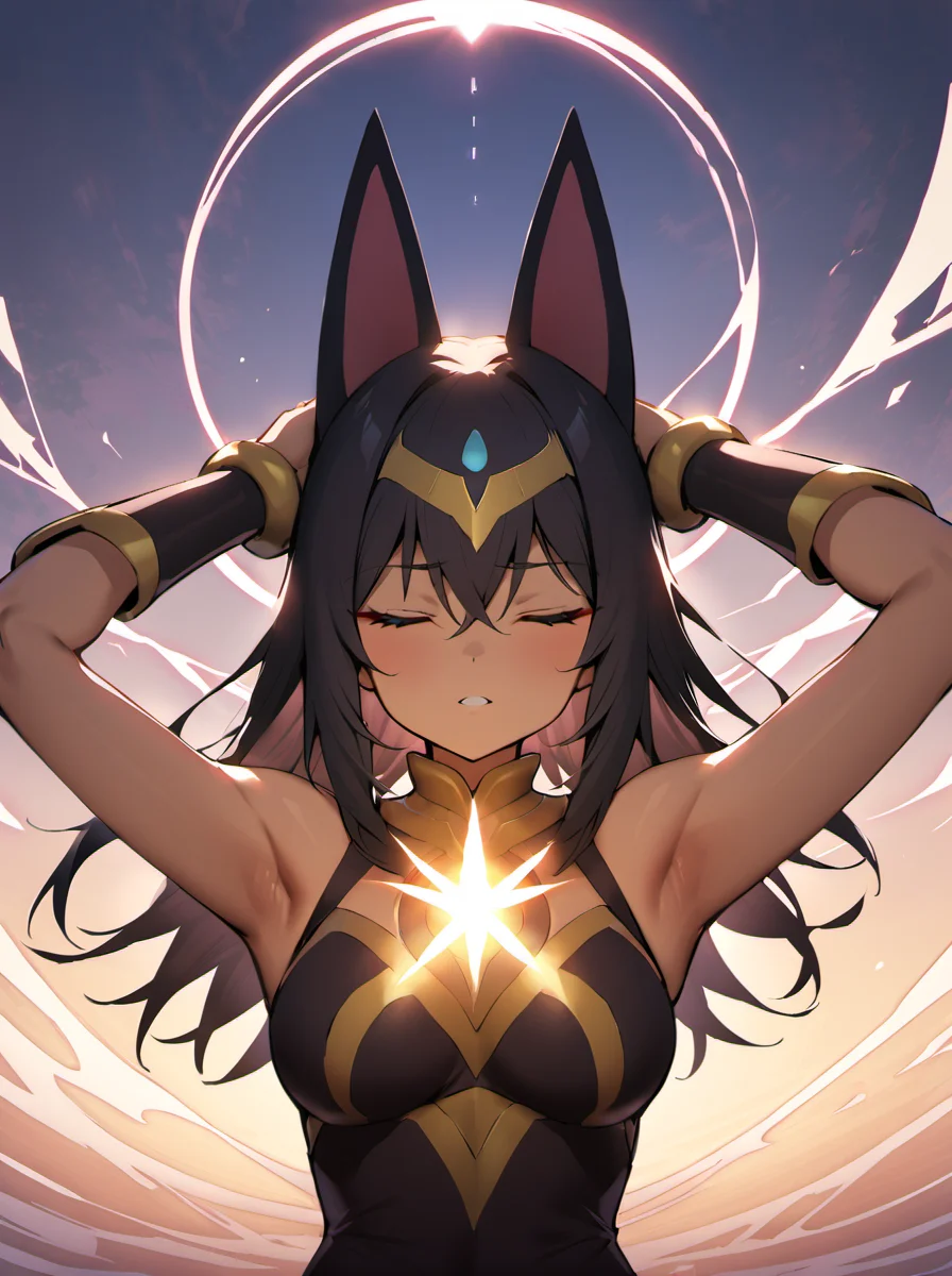 palworld-anubis, <lora:palworld_anubis_xl_lora_v1:0.8>
1girl,solo,facing the audience,upper body,closing eyes,hands above the head,forming powerful nergy sphere between the hands,generating energy waves around,magic,Face has cracks and is emitting energy,masterpiece, best quality