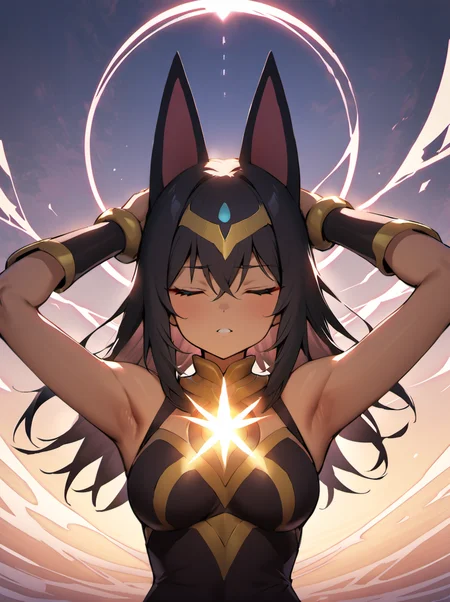 palworld-anubis, <lora:palworld_anubis_xl_lora_v1:0.8>
1girl,solo,facing the audience,upper body,closing eyes,hands above the head,forming powerful nergy sphere between the hands,generating energy waves around,magic,Face has cracks and is emitting energy,masterpiece, best quality