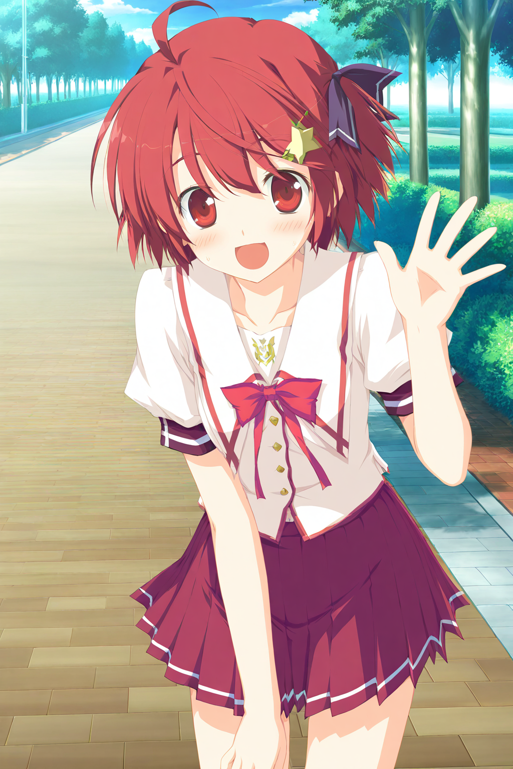 masterpiece,best quality,good quality,rating safe,memorialmiyahoshi,minahoshi asuho,hoshizora_no_memoria,game cg coloring,1girl,solo,red hair,short hair,red eyes,ahoge,hair ornament,star ornament,ribbon,school uniform,skirt,game cg,looking to the side,standing,smile,looking at viewer,waving hand,open mouth,outdoor,blush,upper body