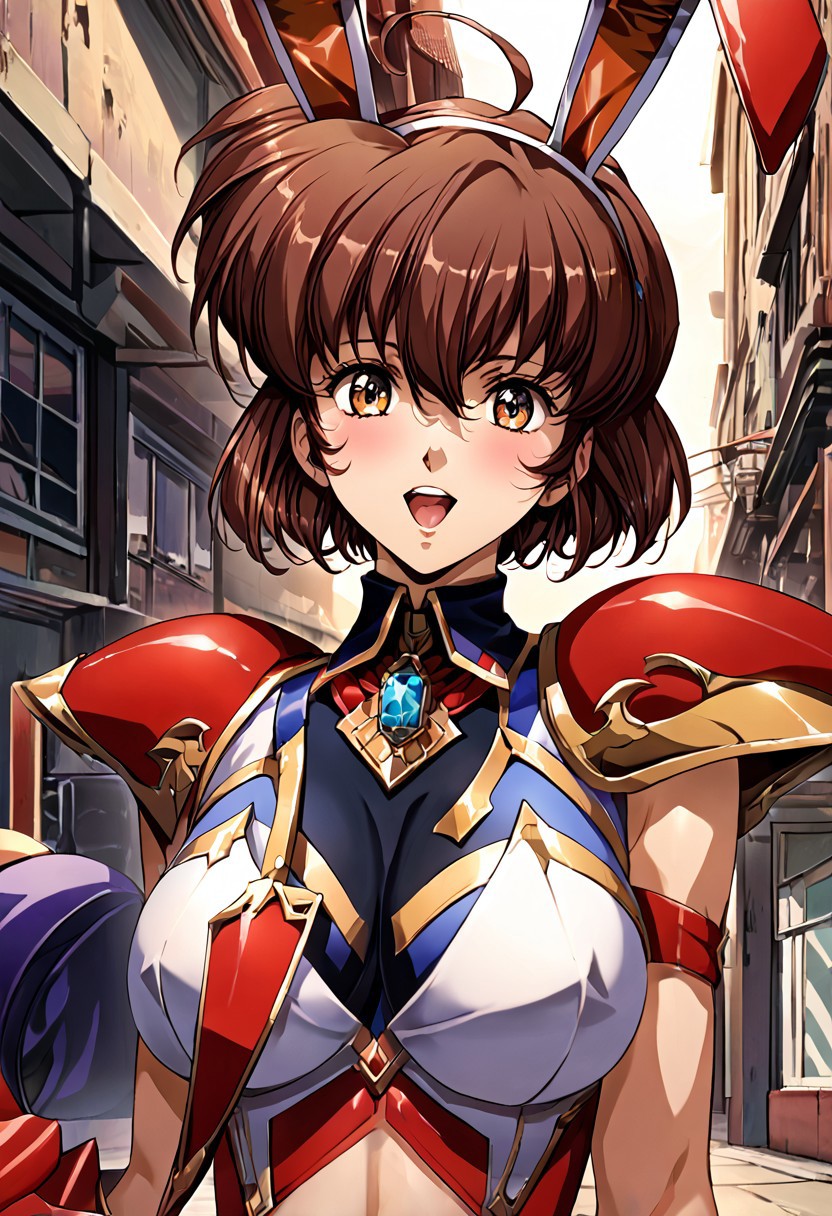 score_9, score_8_up, score_7_up, score_6_up, score_5_up, score_4_up, score_9, score_8_up, score_7_up, (best quality) , (highly detailed) ,((masterpiece)), ((best quality)), (ultra-detailed), ((extremely detailed)), (high resolution), 4K, (8K), best quality, (beautiful), (dynamic lighting), (super detailed skin), sharp focus, (1_girl, solo focus), (score_9,score_8_up,score_7_up,source_anime,(masterpiece:1.2), Freya, brown hair, brown eyes, short hair, shiny hair, ahoge, bangs, large breasts, hair between eyes, white crap top, white shirt, elbow gloves, navel, navel cutout, playboy bunny, black gloves, red leotard, short hair, clothing cutout, fake tail, rabbit tail, zettai ryouiki, purple thighhighs, red footwear, high heels, standing, dynamic pose , open mouth, blush,light smile looking at viewer,(upper body, close-up,:1.3), outdoors,, score_9, score_8_up, score_7_up, best quapoty, highres, absurdres, source_anime, zPDXL3, 1girl,solo
 (Upper body, portrait) masterpiece,best quality, very aesthetic, absurdres, ultra detailed, high resolution, 4k, extremely detailed CG, detailed eyes、detailed face and detailed skin <lora:add-detail-xl:1.0> OverallDetail