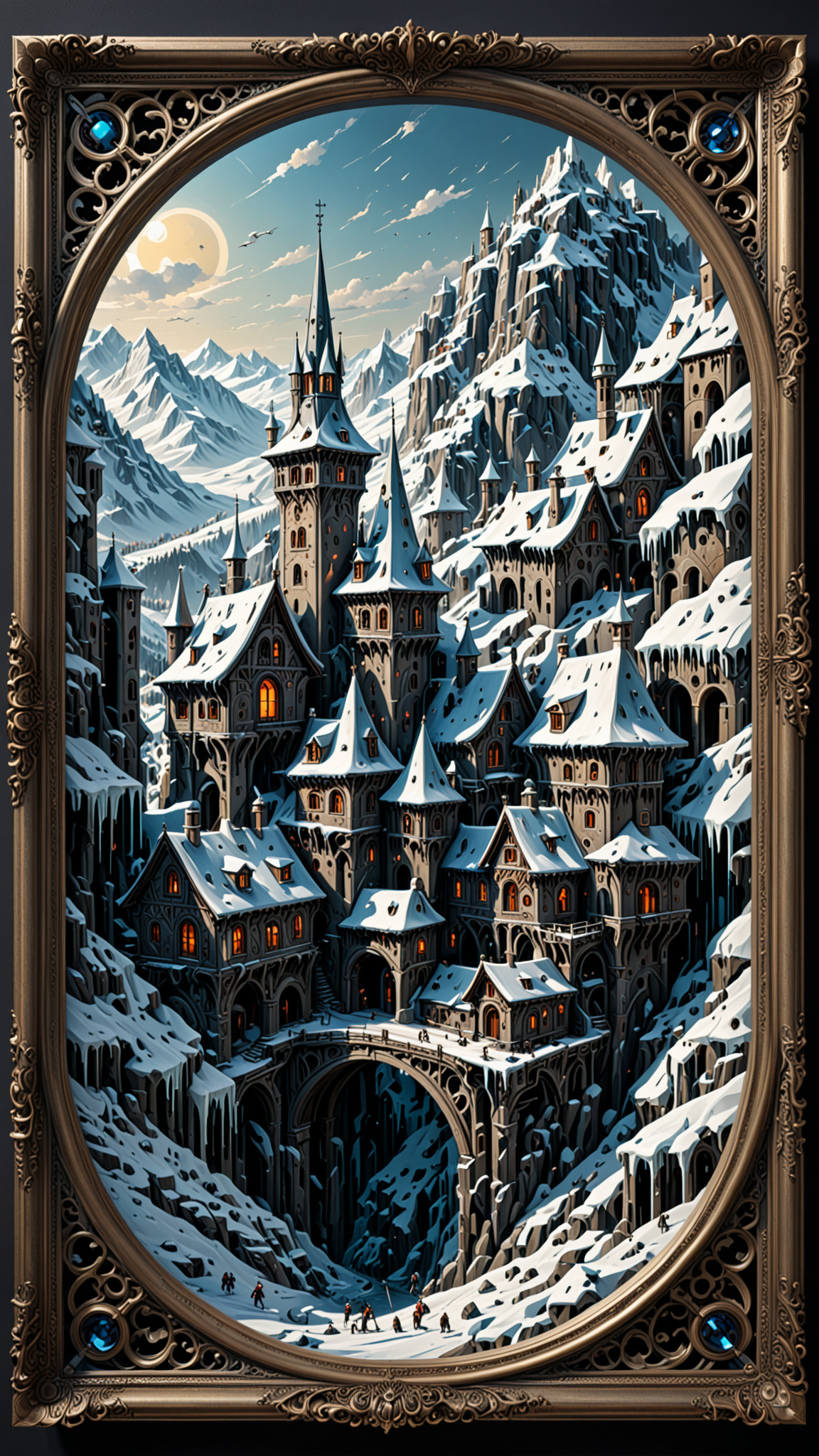 close-up macro view of a breathtaking winter landscape of a medieval village hidden in the Swiss Alps, ice sculpture style, (masterpiece:1.4),(best quality:1.4),(intricate details:1.4),high line detail,bold lines, iridescent colors,filigree,vibrant details,(expansive view:1.4),(clear outlines:1.4),(ultra detailed:1.4),64K resolution blade runner, (high contrast:1.4),award winning,stunning,beautiful composition,decorative,highly detailed,elaborate,ornate,intricate,dramatic,exuberant,grandeur,realistic,perspective,light and shadow,elegant,artstation, sharp focus,illustration,(clear outlines:1.4),clean sharp focus,high quality texture, <lora:3D_Framed_Wall_Art_-_By_DICE:1>, (Framed 3D, Snow), UHD
