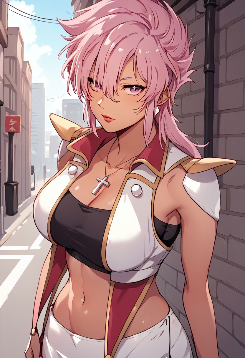 score_9, score_8_up, score_7_up,source_anime,Illia ,dark skin, short skirt,pink twintail hairstyle, pink eyes, red lips, cross necklace, ear accessory, casual clothing,miniskirt ,upper body,city view, street background