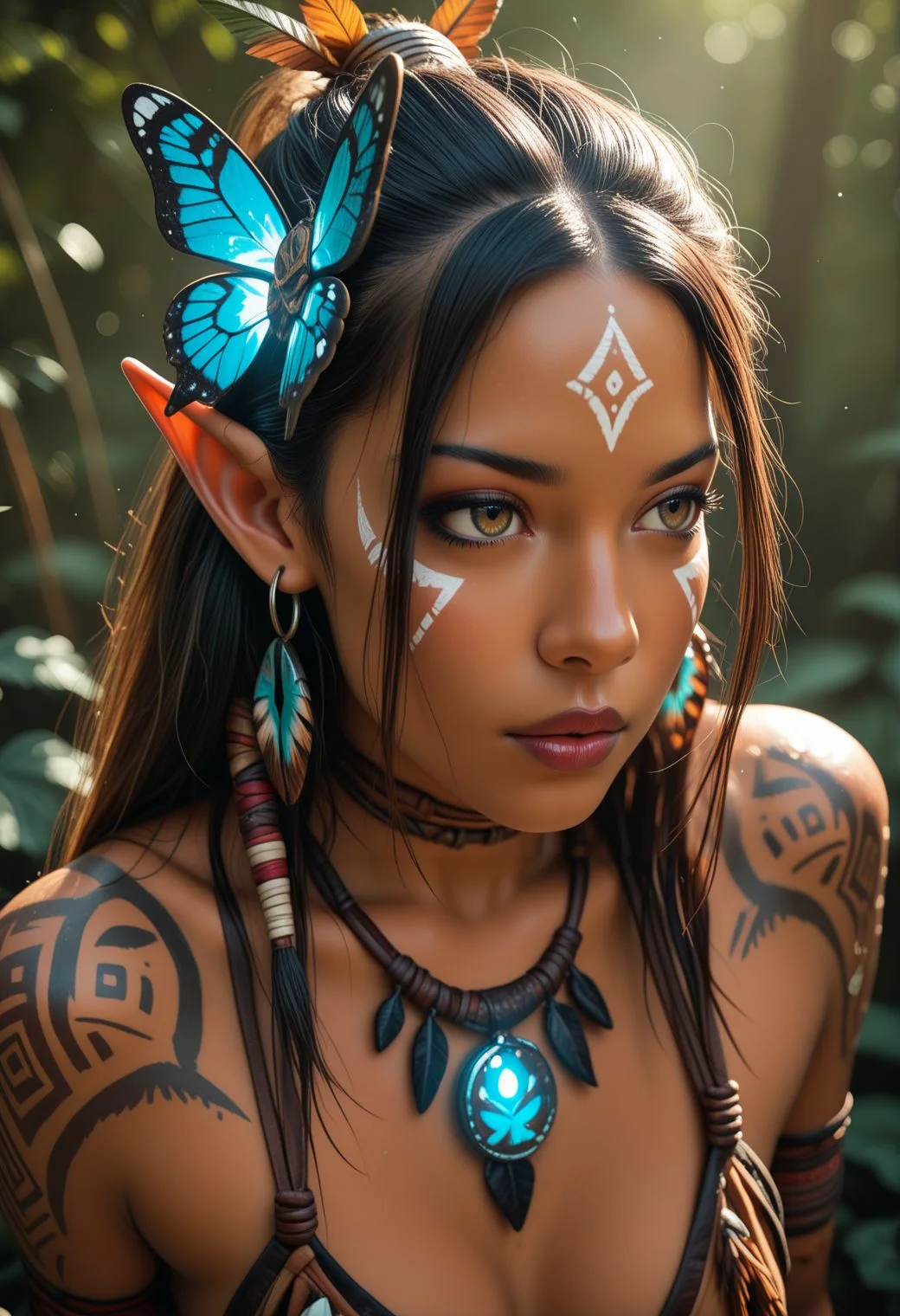 SmoothNoob_Quality, tribal, 1girl, butterfly, butterfly hair ornament, earrings, pointy ears, glowing, glowing butterfly, jewelry, lips, lipstick, makeup, solo,
<lora:Smooth_Tribal:1>