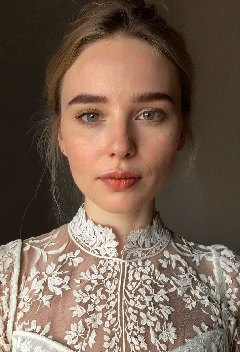 (8k, RAW photo, highest quality), beautiful (white skin woman), close up, dress, (detailed eyes:0.8), (looking at the camera:1.4), (high-resolution image), (best shadow) , skin textures, intricate details, interior, studio,