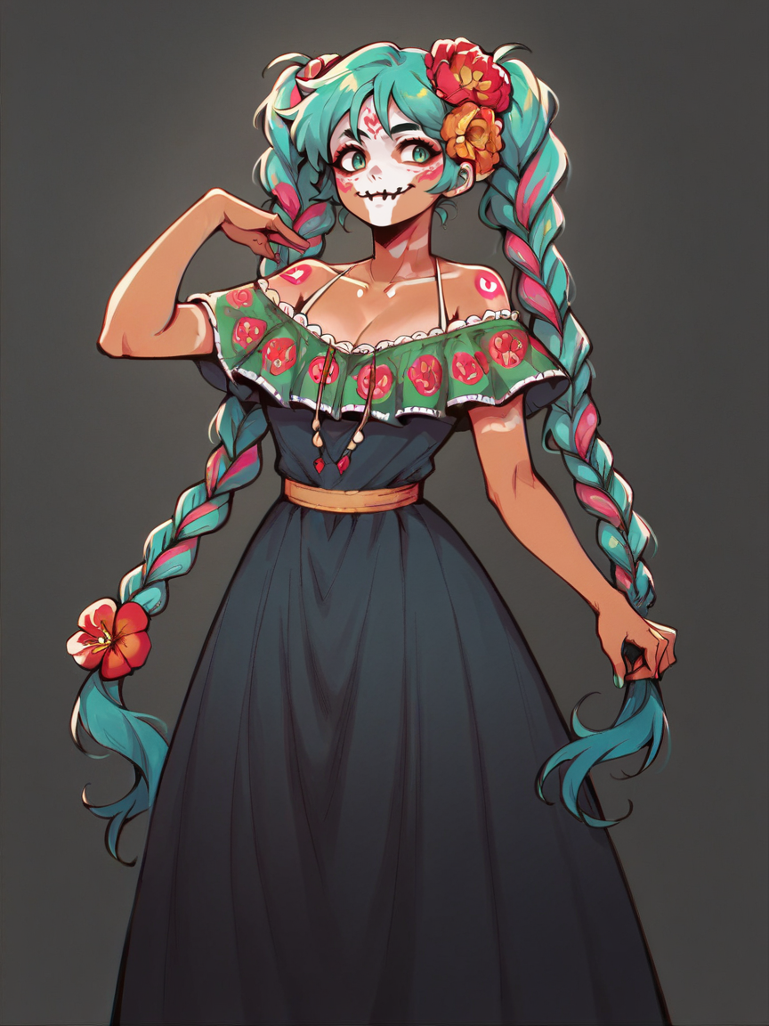 score_9, score_8_up, score_7_up, score_6_up, score_5_up,  <lora:MexicanHatsuneMikuXLP2:0.65> mexican hatsune miku, 1girl, solo, twin braids, multicolored hair, tan skin, curvy, hair flower, dod, La Catrina face paint, sugar skull face paint, spooky, black background, dress, colourful