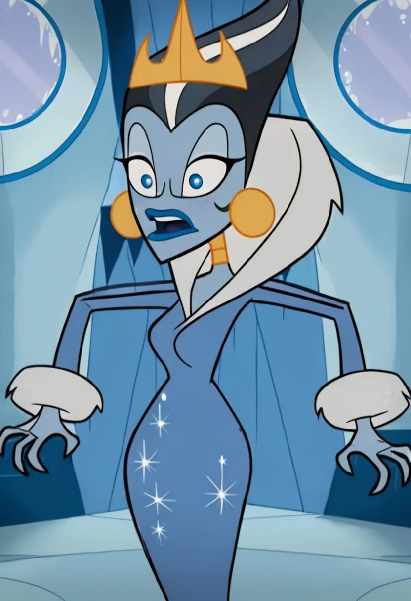 Iciclia, solo, 1girl, female, blue skin, blue eyes, blue lips, dark blue hair, white hair streak,
eye wrinkles,
gold crown, gold earrings,
blue dress, sparkling dress, fur hood, fur cuffs,
surprised, eyes wide, looking at viewer, blue blush,
cowboy shot, standing,