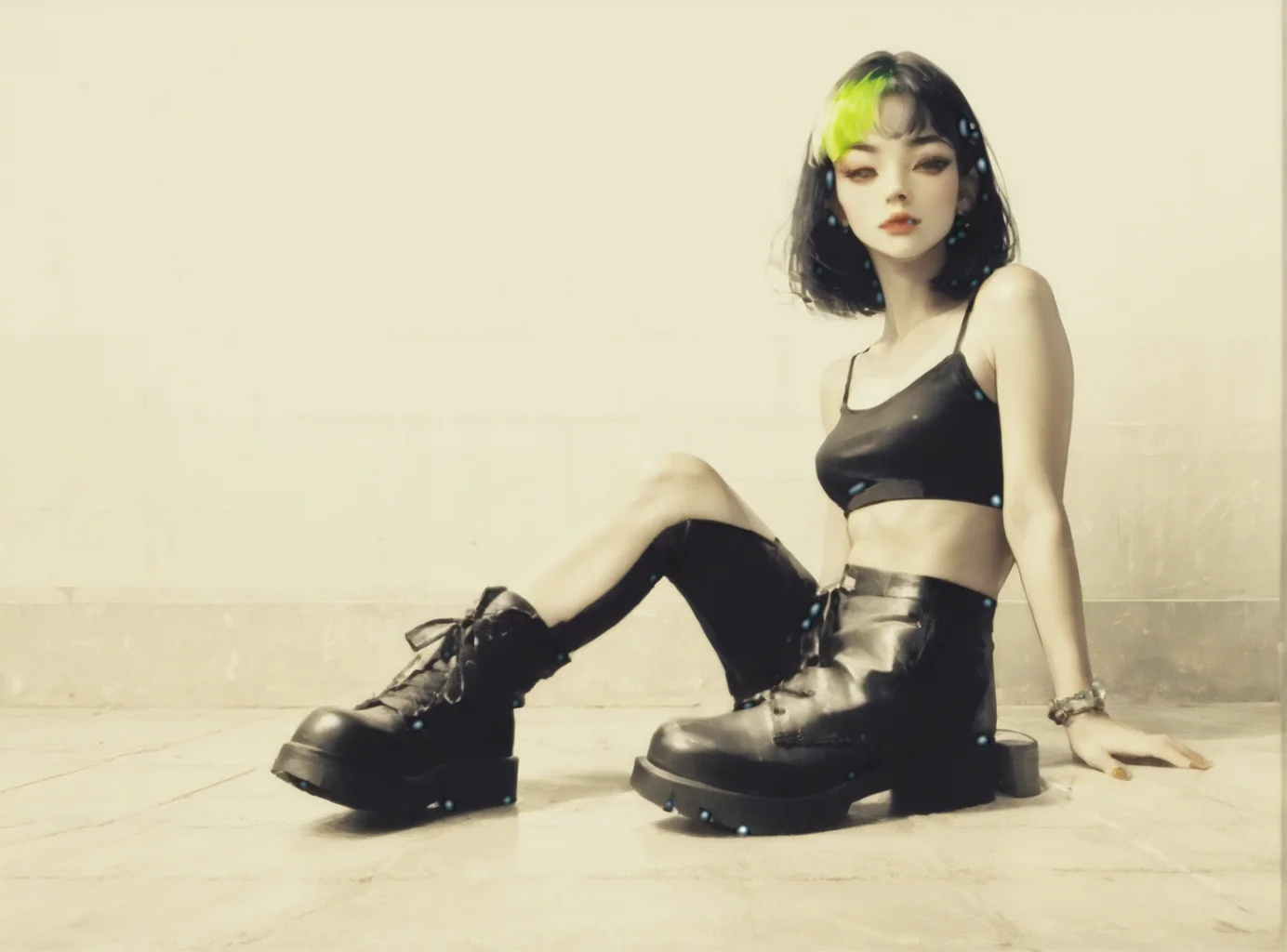 score_9, score_8_up, score_7_up, Environmental scene, character off to side, sitting in repose enjoying the view, 1girl, pale skin, medium breasts, <lora:sm0k3XLP:1>, <lora:goth_clothes:1>, black crop top, black platform boots, neon hair color, two tone hair, <lora:Our_Muted_Future_Style:1>, <lora:Urban_Liminal_Underground_Construction_Style_Background:1>,