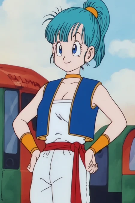 source_anime, score_9, score_8_up, score_7_up, anime screencap, 
bulma \(dragonball\), 1girl, solo, breasts, smile, bangs, blue eyes, cleavage, aqua hair, standing, ponytail, cowboy shot, choker, vest, hand on hip, wristband, retro artstyle, blue vest, 1990s \(style\), baggy pants, arabian clothes, collarbone, fringe_trim, ground vehicle, scrunchie, looking ahead, hands on hips, red belt, white pants, white topwear, vest over shirt, yellow choker, yellow wristband, tube top, raised eyebrows,
 <lora:bulma_pony_v1:0.8>