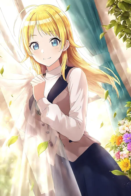 <lora:HachimiyaMeguru:0.8>, Hachimiya Meguru, blonde hair, blue eyes, long hair, ahoge, hair flaps, 1girl, solo, curtains, looking at viewer, skirt, window, long skirt, indoors, dutch angle, shirt, curtain grab, smile, long sleeves, jacket, vest, leaf, wind, flower, sunlight, light smile