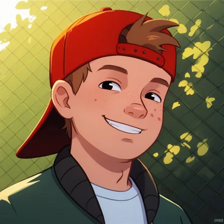 score_9, score_8_up, score_7_up, pinup boy pose, Expressiveh, face focus, looking at viewer, perfect face, colorful, dramatic angle, unique perspective, unique angle, wide angle, school yard, school building in background, smile, smile, hat, backwards hat, shirt, jacket, brown hair, freckles, 1boy, solo