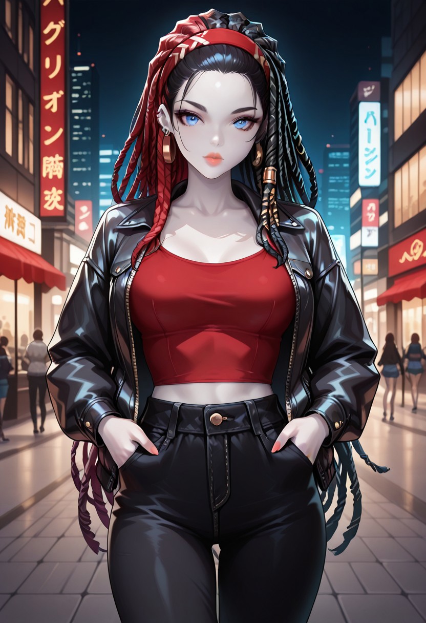 masterpiece, best quality, 32k, high resolution, absurdres, HD32k, masterpiece, source_anime, 1girl, Lilian, LilianRH, very long hair, dual color hair (black-red), braids, forehead, dreadlocks, (black-red dreadlocks), (black hair tips) , hair band, blue eyes, pale skin, thin lips, ear piercings, medium breasts, thin waist, fit, detailed eyes, detailed lips, open black denim jacket, , red crop top under jacket, black denim pants, hands in pockets, posing sexy, night city, casual wearing,