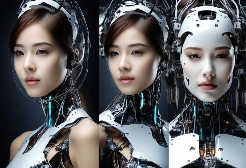 beautiful girl being transformed into robot, transformation sequence, gorgeous, 3 frames, several frames, multiple views, 3 pictures, multiple pictures, robot transformation, cyborg, SCIENCE FICTION, ROBOT JOINTS, robotization, before and after pictures, girl to robot, dronification, remodelling surgery, high detail, cyberpunk glasses, nsfw, progress, interesting storyline, comic, color, perfect picture, high detail, flawless, UHD, 8K