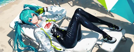 score_9,score_8_up,score_7_up,,source_anime BREAK, 1girl, solo,, s1_dram, from above, on beach chair, RHM22, hatsune miku, 1girl, racing miku, solo, green gloves, twintails, long hair, blue eyes, black bodysuit , two-tone gloves, aqua hair, hair between eyes, jacket, long sleeves, white jacket, long legs<lora:S1_Dramatic_Lighting_v2:0.8>,<lora:ã¬ã¼ã·ã³ã°ãã¯22:1>