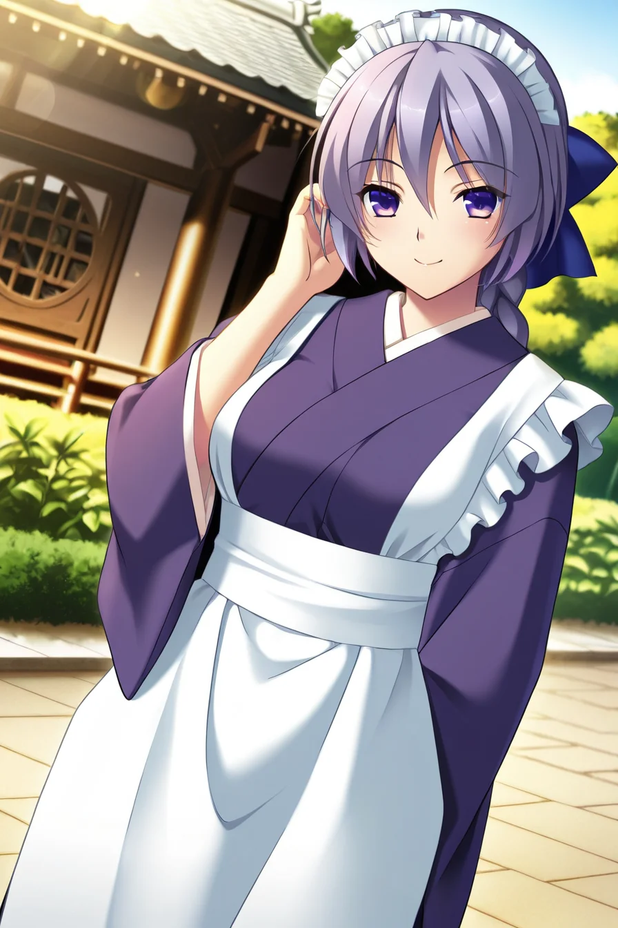 (masterpiece, best quality, game cg,highly_detailed,extremely_detailed_CG_unity_8k_wallpaper,illustration,highres,absurdres:1.2),1girl,solo, <lora:Ryou_Yakata:1>YKTRyou,violet hair,purple eyes,short hair,spiky bangs,long braid,hair bow,blue bow,maid headdress,kimono,long sleeves, apron,cowbody shot,standing,outside,scenery, east asian architecture, garden, sunlight, lens flare, depth of field,,looking at viewer, dutch angle,smiling,adjusting hair,looking at viewer,dynamic angle