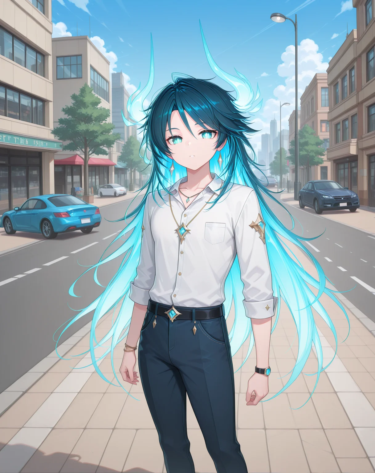 masterpiece,best quality,amazing quality, newest, very aesthetic, absurdres,
1boy, solo, yaoi, male focus, looking at viewer, cowboy shot, standing,
<lora:Nepteon_Default_ilxl:1> nepteondefault, dark blue hair,glowing hair, colored inner hair, diamond-shaped pupils, aqua eyes,
white shirt, jeans, sneakers,
outdoors, day, blue sky, building, street, road, lamppost, car,