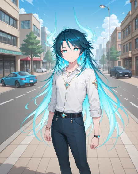 masterpiece,best quality,amazing quality, newest, very aesthetic, absurdres,
1boy, solo, yaoi, male focus, looking at viewer, cowboy shot, standing,
<lora:Nepteon_Default_ilxl:1> nepteondefault, dark blue hair,glowing hair, colored inner hair, diamond-shaped pupils, aqua eyes,
white shirt, jeans, sneakers,
outdoors, day, blue sky, building, street, road, lamppost, car,
