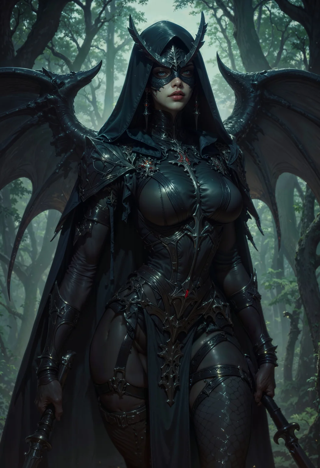 A stealthy fae assassin cloaked in shadows, her presence barely perceptible in the dim, eerie light of the Fae Realm’s twilight woods. Her armor is sleek and dark, made from enchanted bark and shadow-threaded silk, allowing her to blend seamlessly into her surroundings. Her wings, torn and jagged, emit a faint, smoky glow, adding to her aura of mystery. Her sharp, angular features are partially concealed by a mask adorned with intricate runes. In her hands, she wields twin daggers crafted from obsidian, their edges glowing faintly with deadly enchantments. Behind her, the forest shifts and whispers as if alive, concealing her every move.