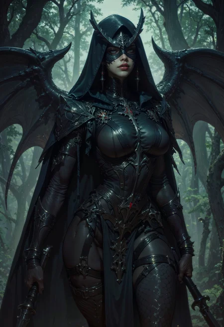 A stealthy fae assassin cloaked in shadows, her presence barely perceptible in the dim, eerie light of the Fae Realm’s twilight woods. Her armor is sleek and dark, made from enchanted bark and shadow-threaded silk, allowing her to blend seamlessly into her surroundings. Her wings, torn and jagged, emit a faint, smoky glow, adding to her aura of mystery. Her sharp, angular features are partially concealed by a mask adorned with intricate runes. In her hands, she wields twin daggers crafted from obsidian, their edges glowing faintly with deadly enchantments. Behind her, the forest shifts and whispers as if alive, concealing her every move.
