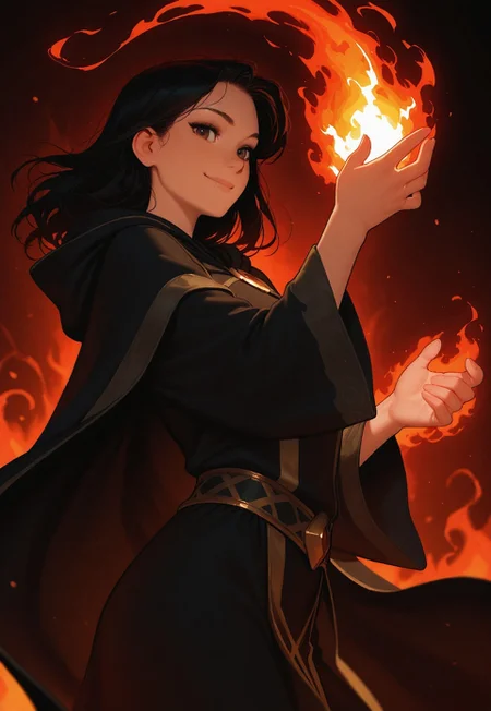 (Artist : Tsuaii:0.5), (Artist : Incase:0.5), flat colors, high detailed, high quality, masterpiece,
1girl, upper body, focused subject, dynamic angle, action shot, dynamic lighting, standing, looking at viewer, cowboy shot, smile, black hair, black mage robe, fiery night background, fire magic