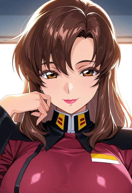1girl, Murrue Ramius \(Gundam SEED\),, adult woman, masterpiece, military uniform, hand up, brown hair, long hair, luscious lips, lipstick, smile, large breasts, portrait, colored eyelashes, backlighting, brown eyes, goddess, glossy skin, ,hires,best quality, very aesthetic,absurdres,score_9, score_8_up, score_7_up, score_6_up, score_5_up, score_4_up, (hyper extreme detailed), (hyper quality), game CG, (colour:1.2),(from side:0.7)